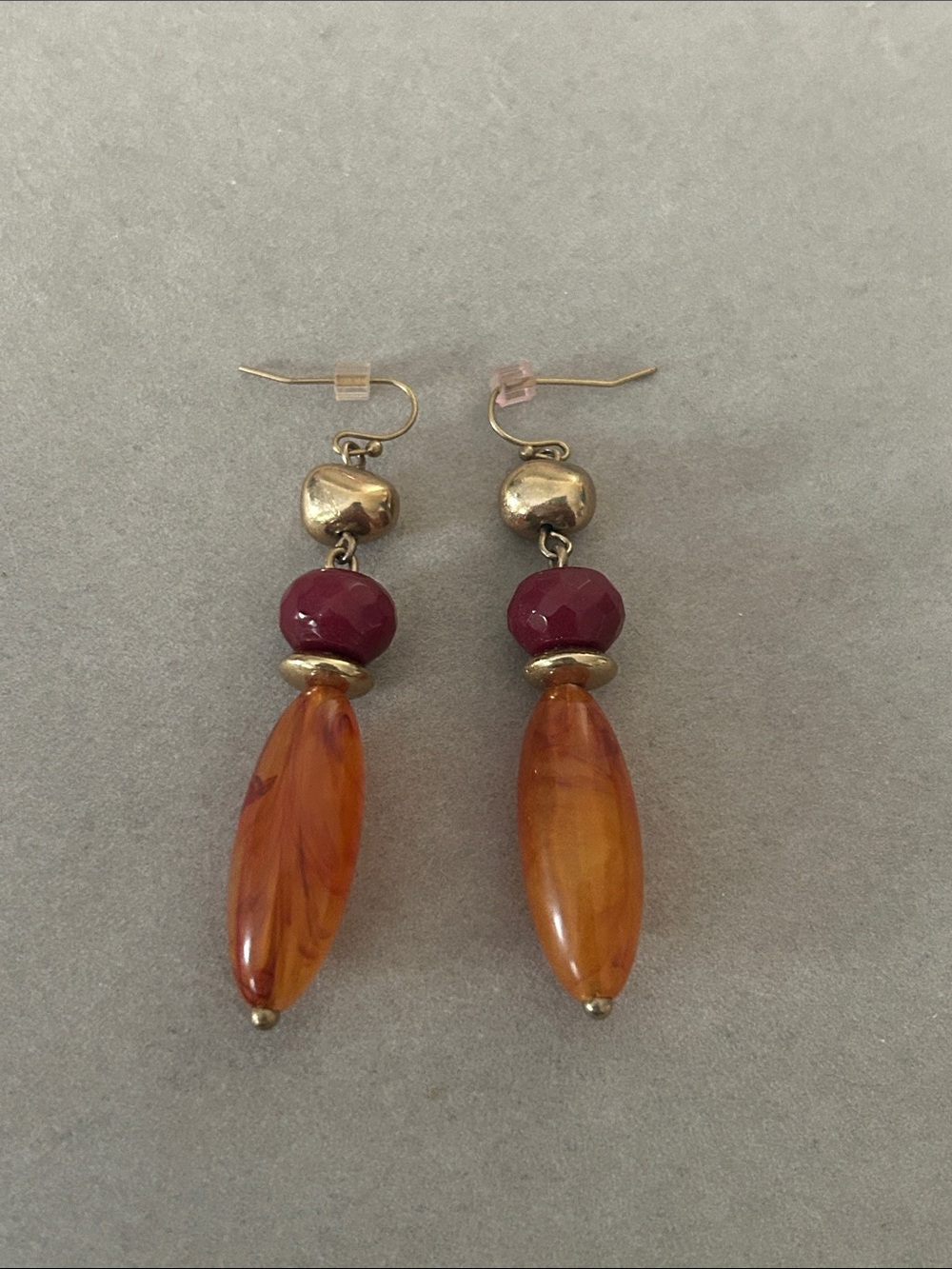 Handcrafted Amber-Tone and Burgundy Drop Earrings